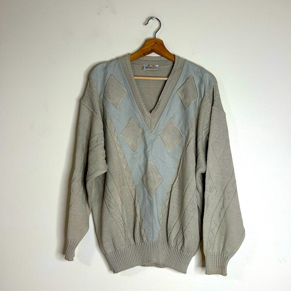 Vtg Monello ladies abstract neutral v neck pullover sweater size L cozy cute